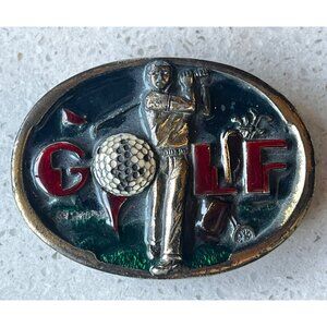 Vintage Solid Brass Metal Golf Belt Buckle With Golfer & Equipment Design